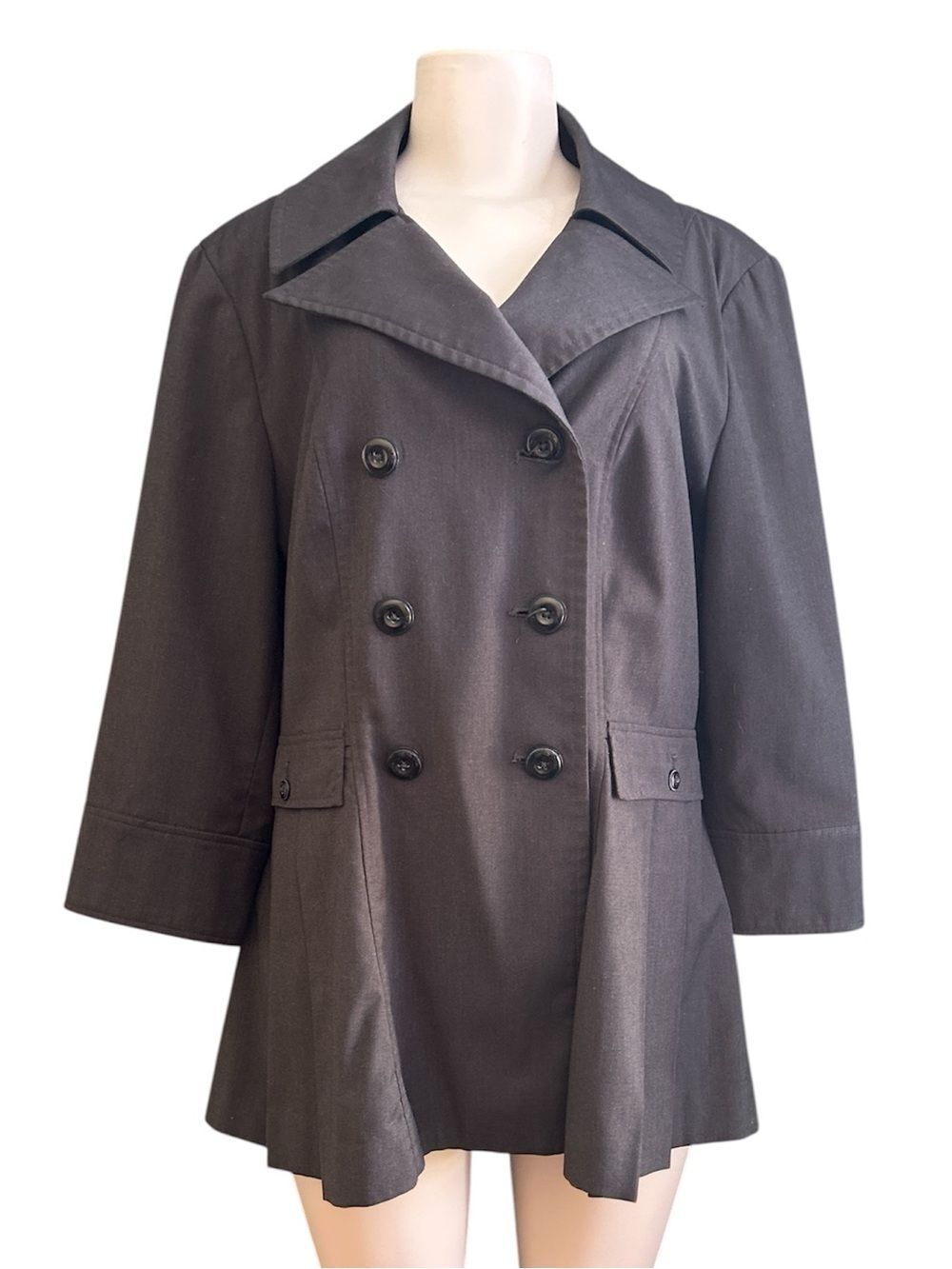 Sharagano Double-Breasted Dark Gray Peacoat with Flared Pleated Peplum Bottom 16